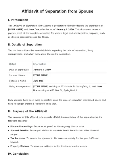 Free Affidavit of Separation from Spouse Template to Edit Online