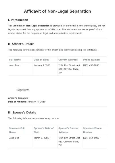 Free Affidavit of Non-Legal Separation Template to Edit Online