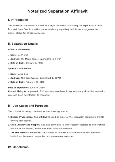 Free Notarized Separation Affidavit Template to Edit Online