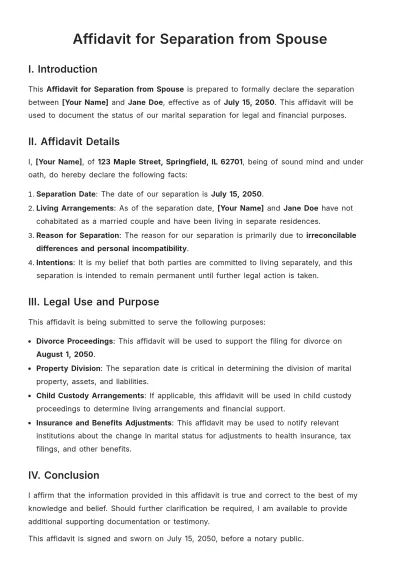 Free Affidavit for Separation from Spouse Template to Edit Online