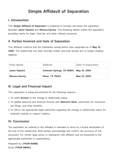 Free Simple Affidavit of Separation Template to Edit Online