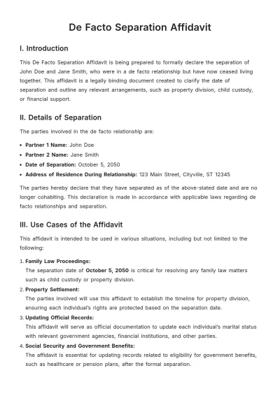 Free De Facto Separation Affidavit Template to Edit Online