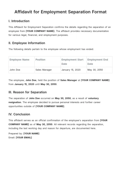 Free Affidavit for Employment Separation Format Template to Edit Online