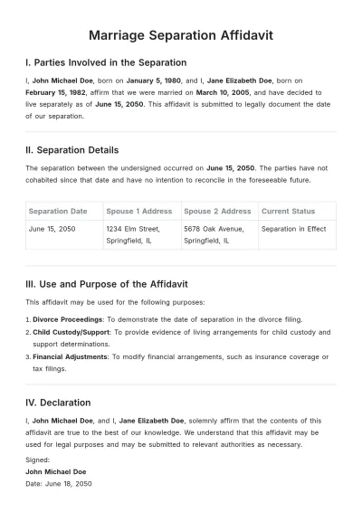 Free Marriage Separation Affidavit Template to Edit Online