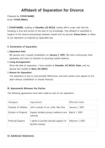 Free Affidavit of Separation for Divorce Template to Edit Online