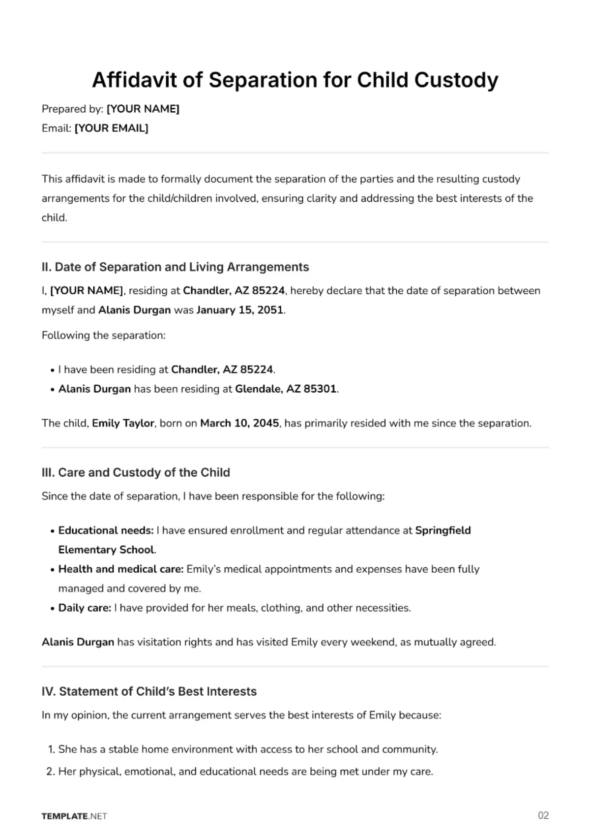 Free Affidavit of Separation for Child Custody Template to Edit Online