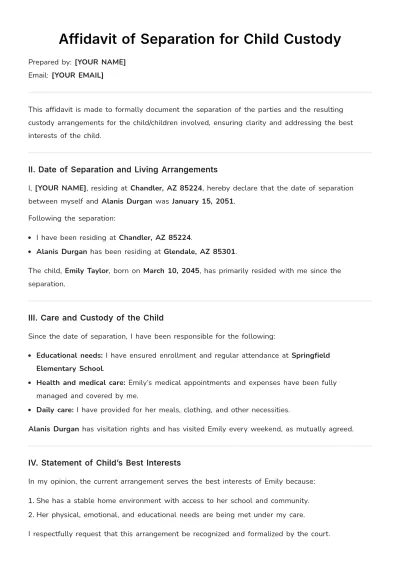 Free Affidavit of Separation for Child Custody Template to Edit Online