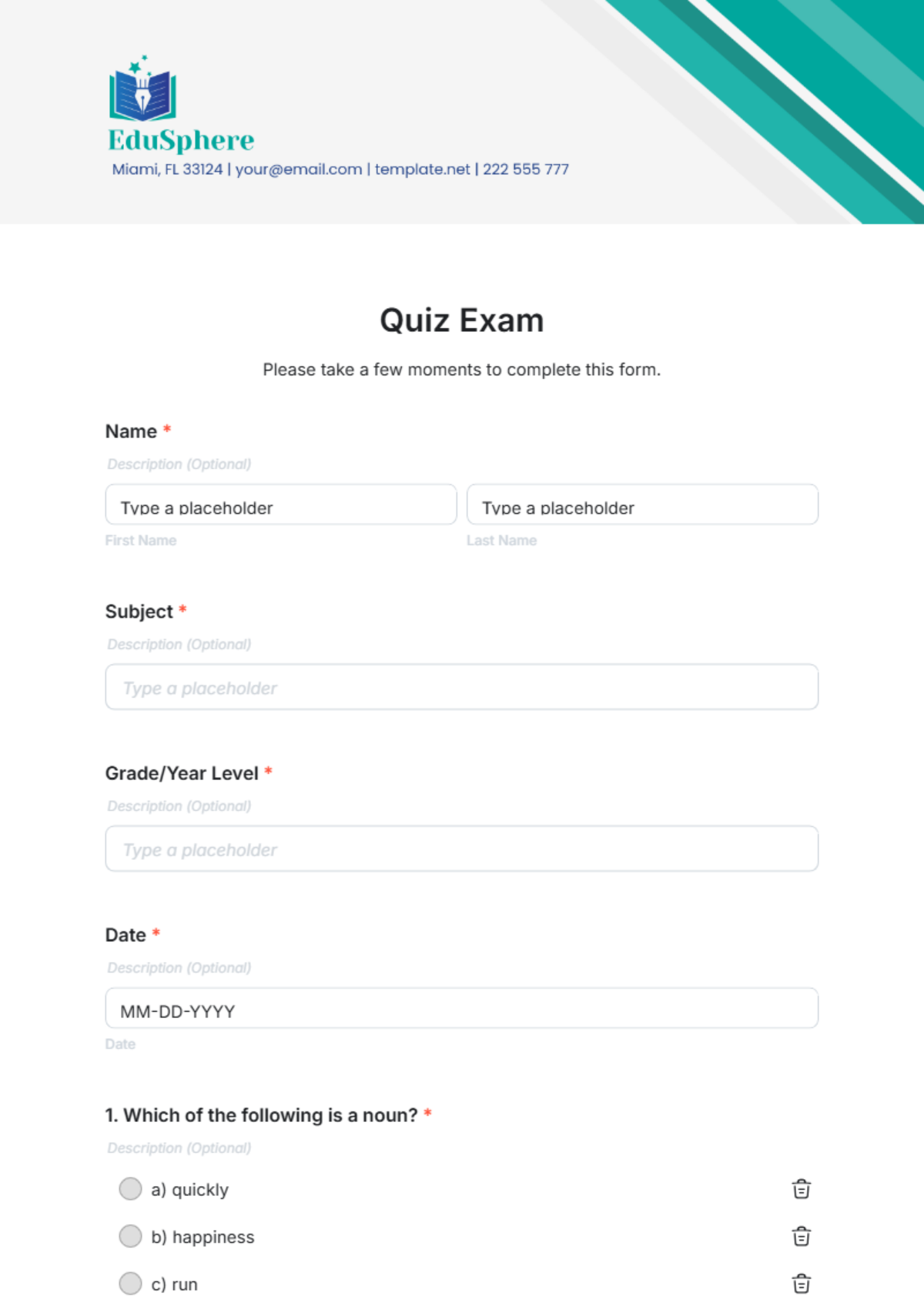 Quiz Exam Template - Edit Online & Download