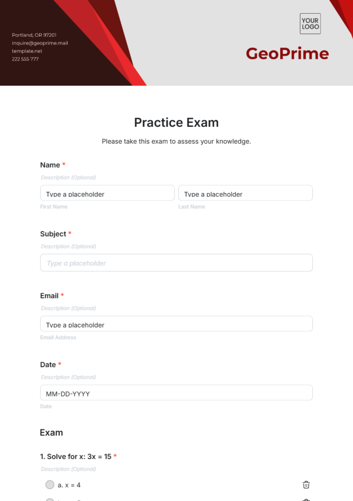 Practice Exam Template - Edit Online & Download