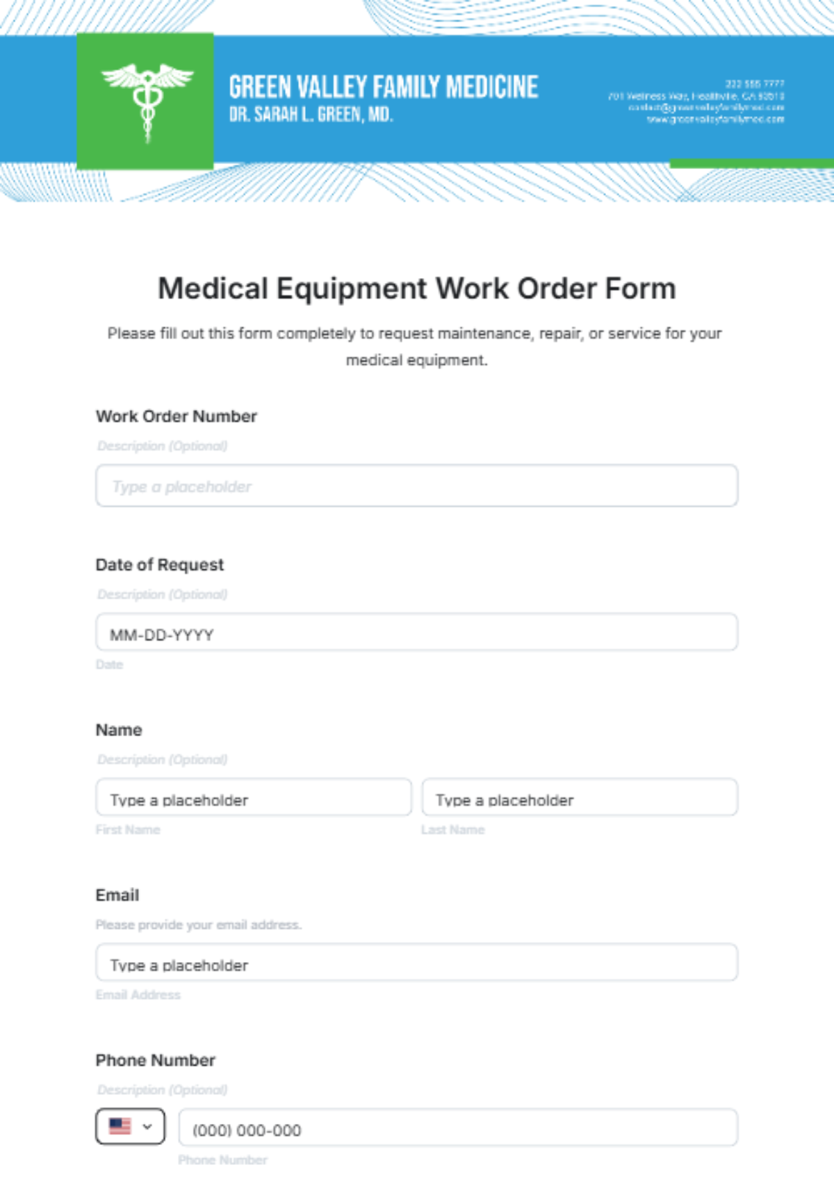 Free Medical Equipment Work Order Form Template