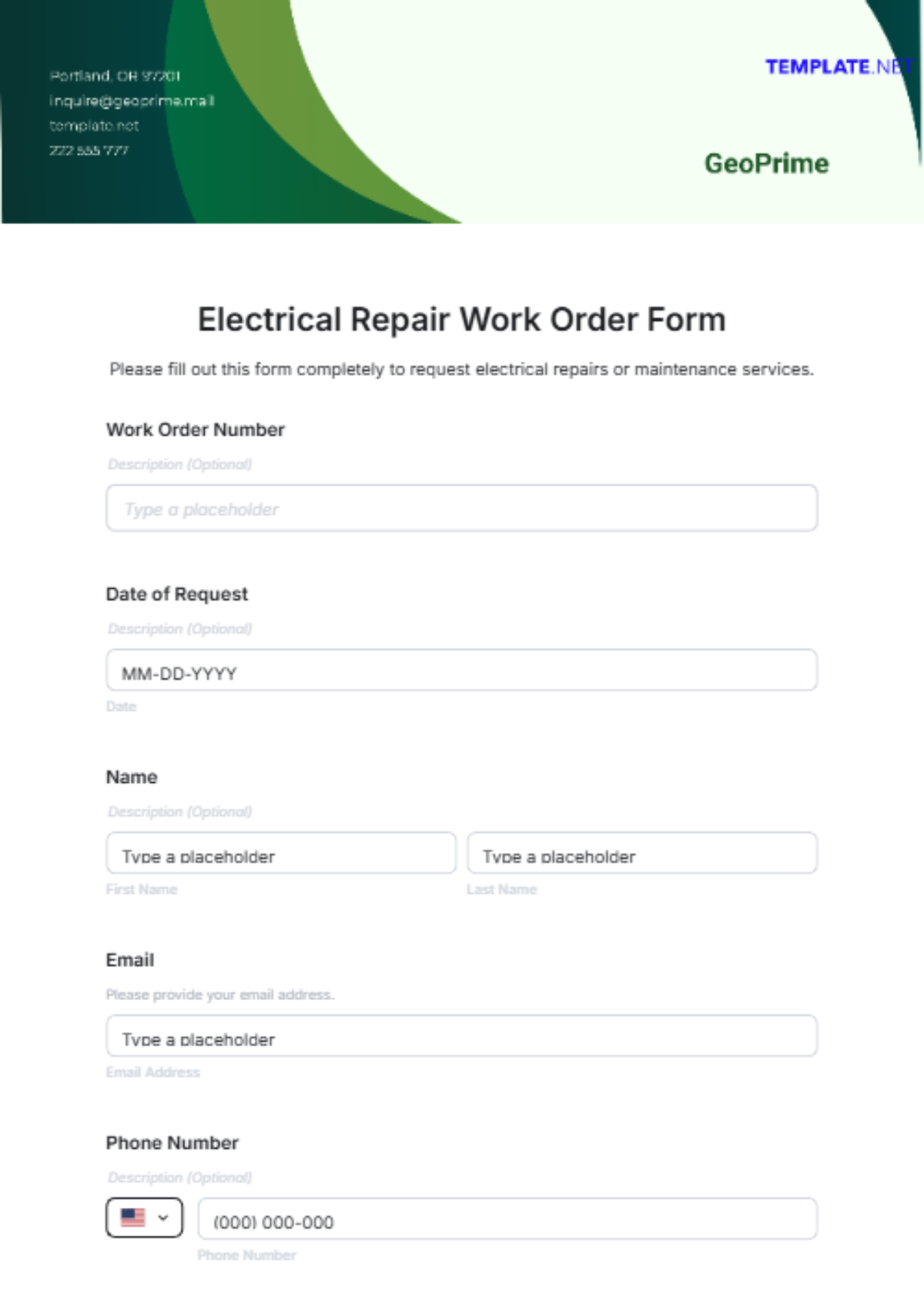 Free Electrical Repair Work Order Form Template