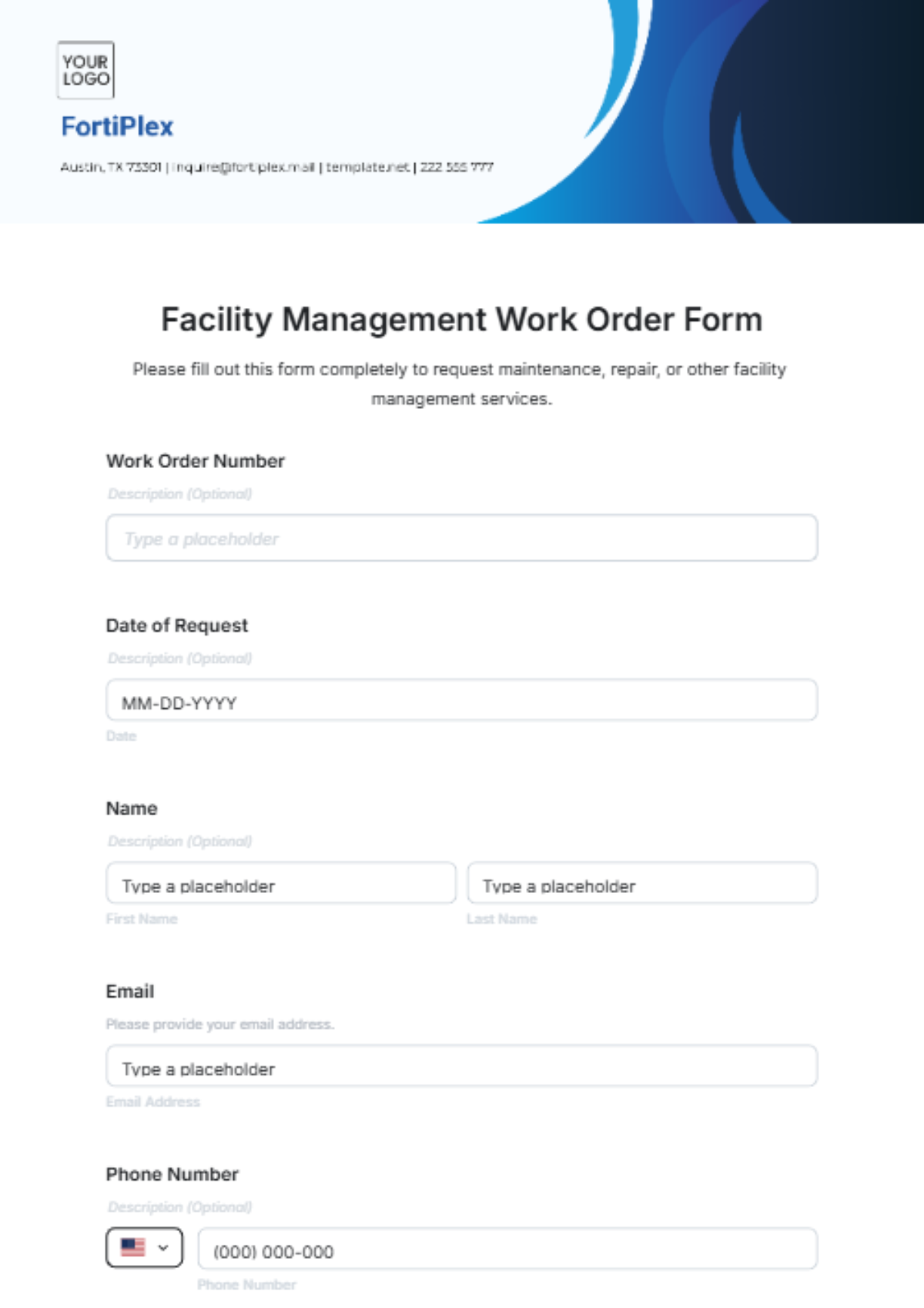 Facility Management Work Order Form Template - Edit Online & Download