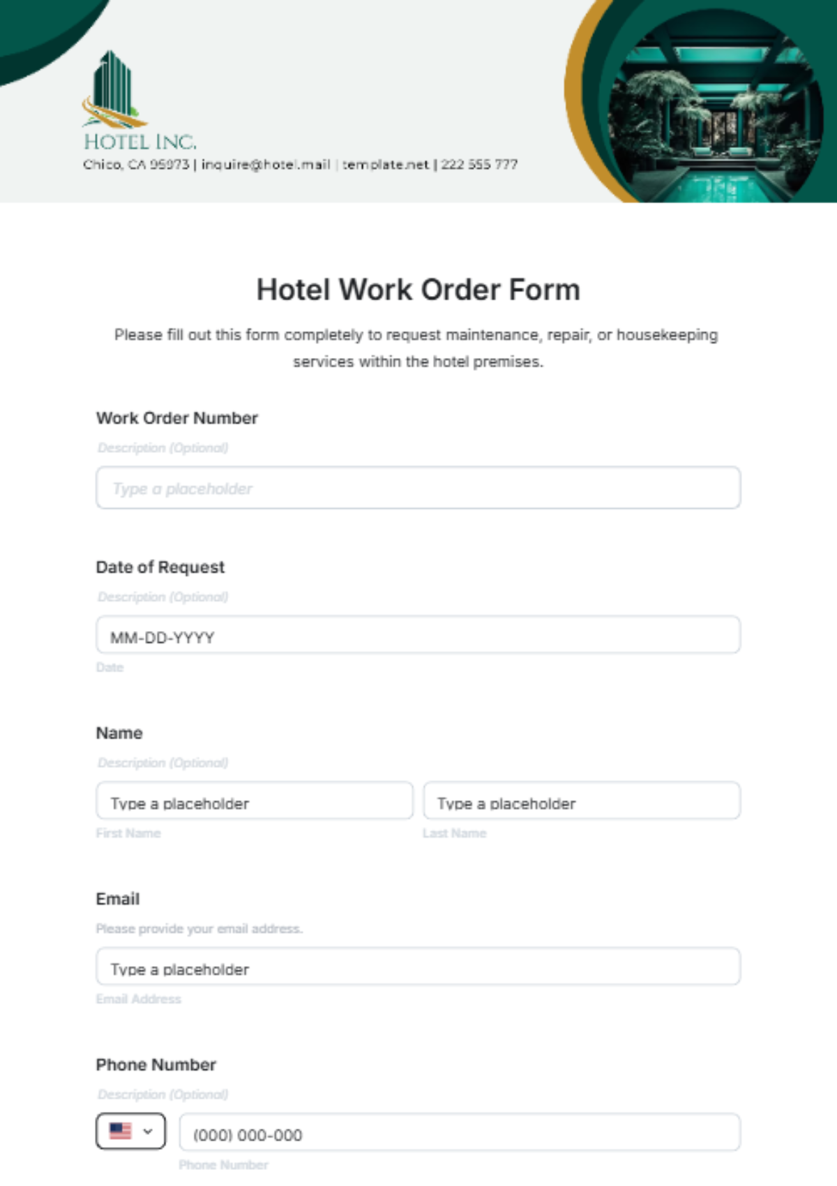 Hotel Work Order Form Template - Edit Online & Download