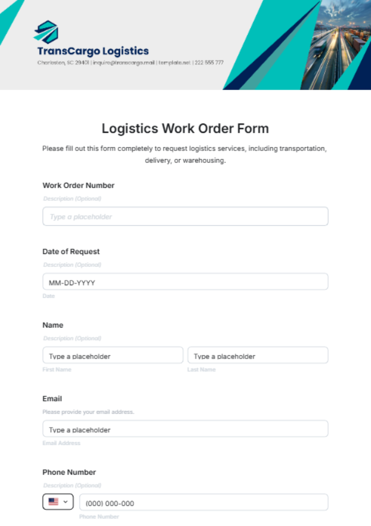 Free Logistics Work Order Form Template