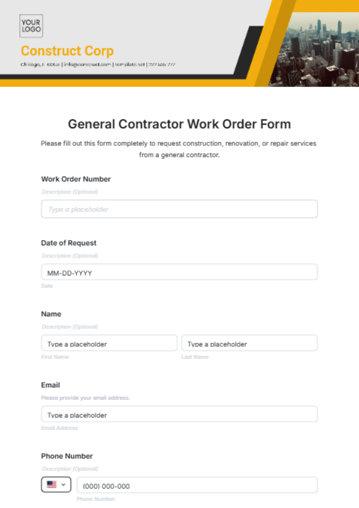 General Contractor Work Order Form Template - Edit Online & Download