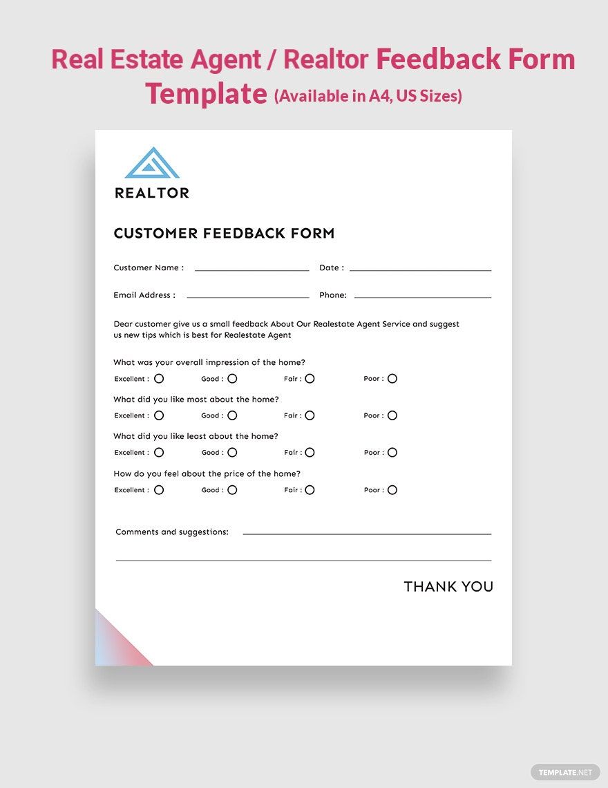 Real Estate Agent Realtor Feedback Form Template Google Docs Illustrator InDesign Word PSD 