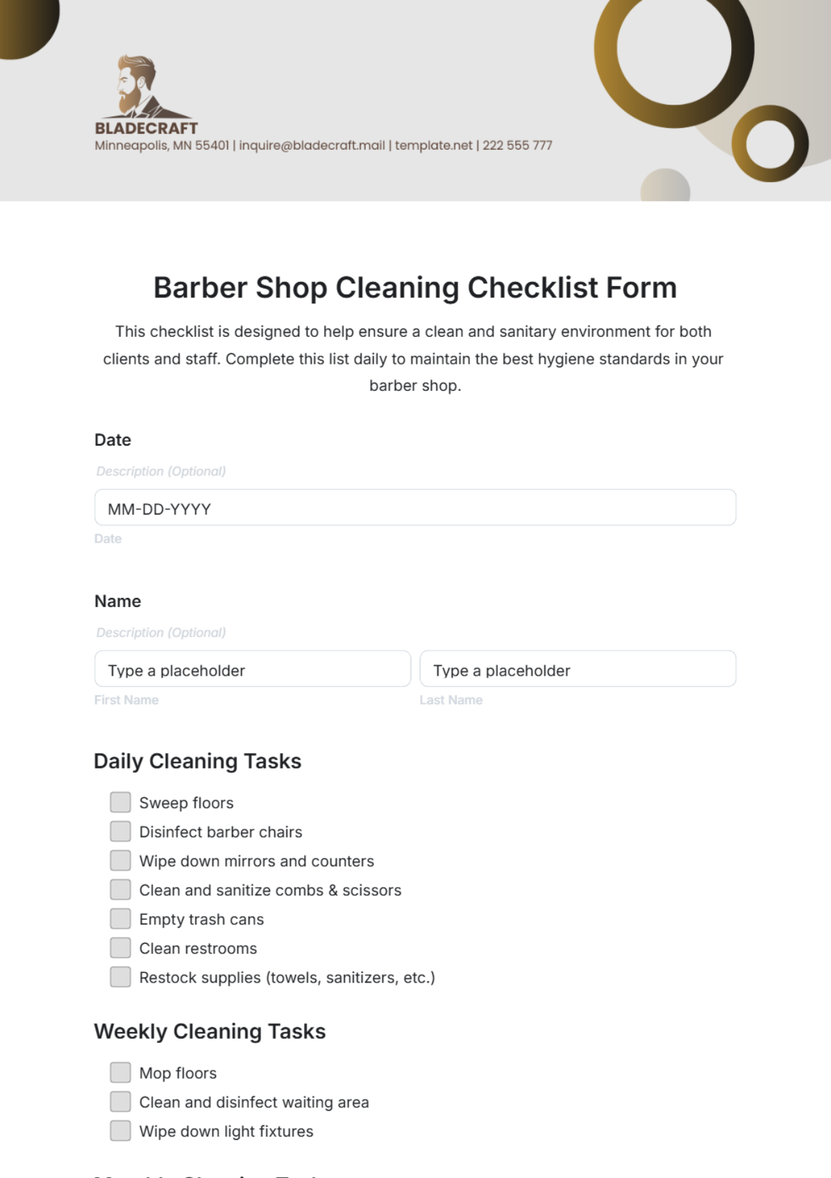 Free Barber Shop Cleaning Checklist Form Template