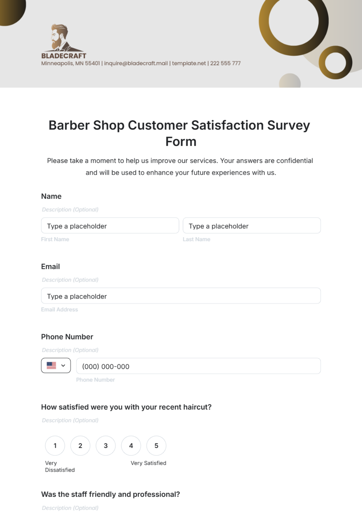 Free Barber Shop Customer Satisfaction Survey Form Template