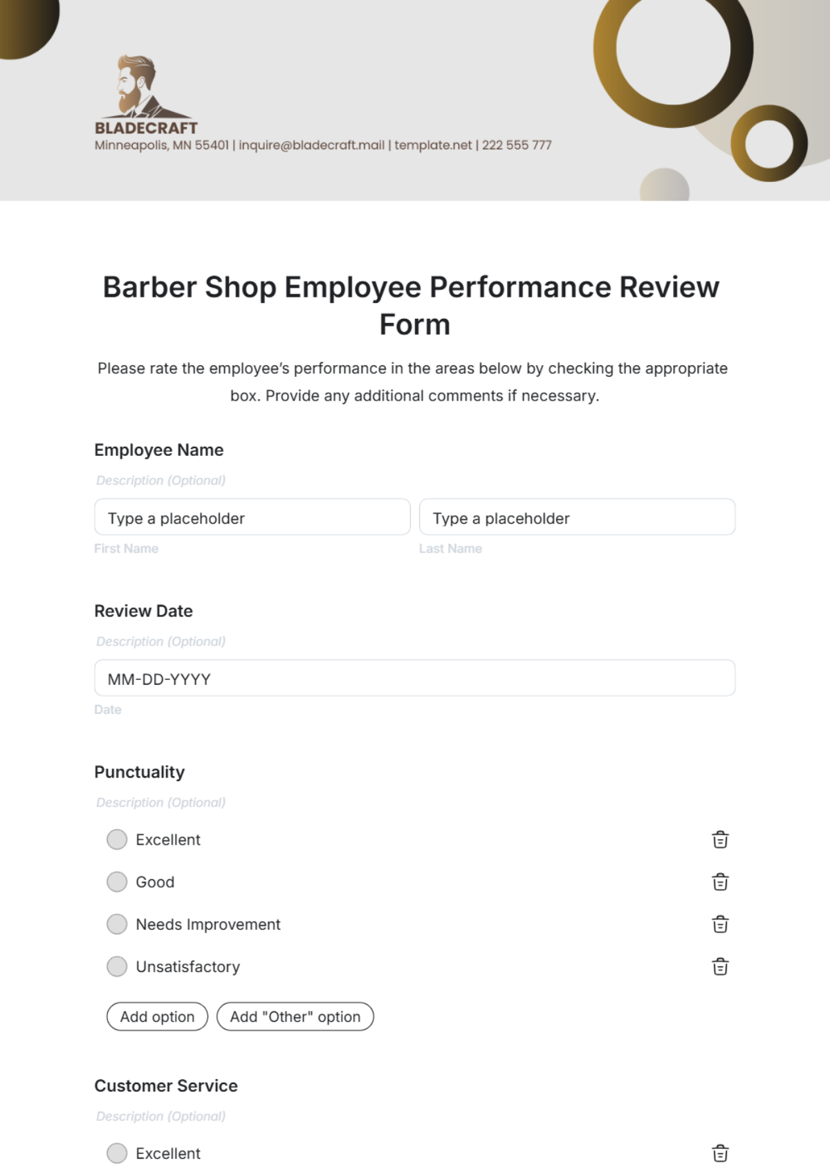 Free Barber Shop Employee Performance Review Form Template