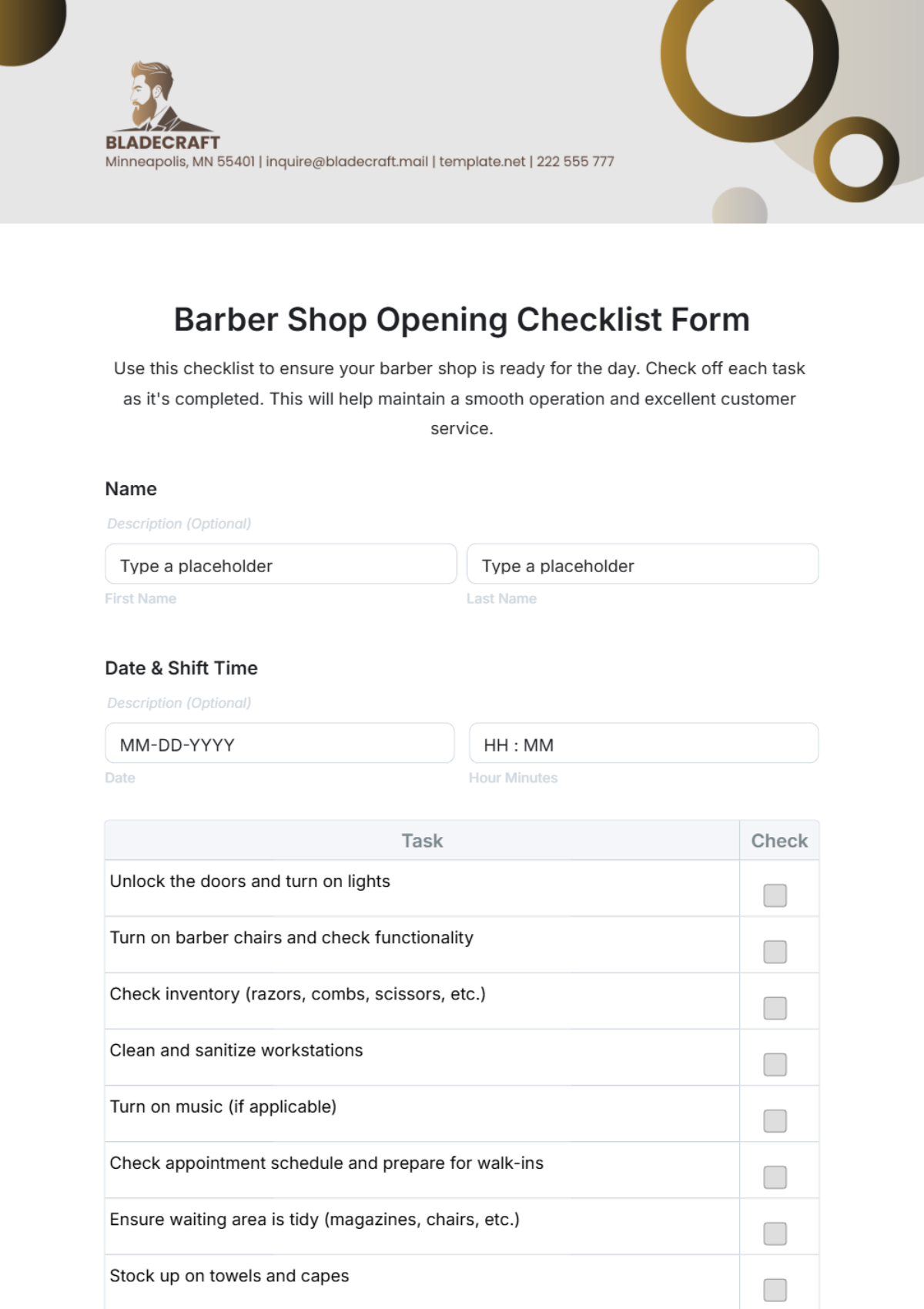 Free Barber Shop Opening Checklist Form Template