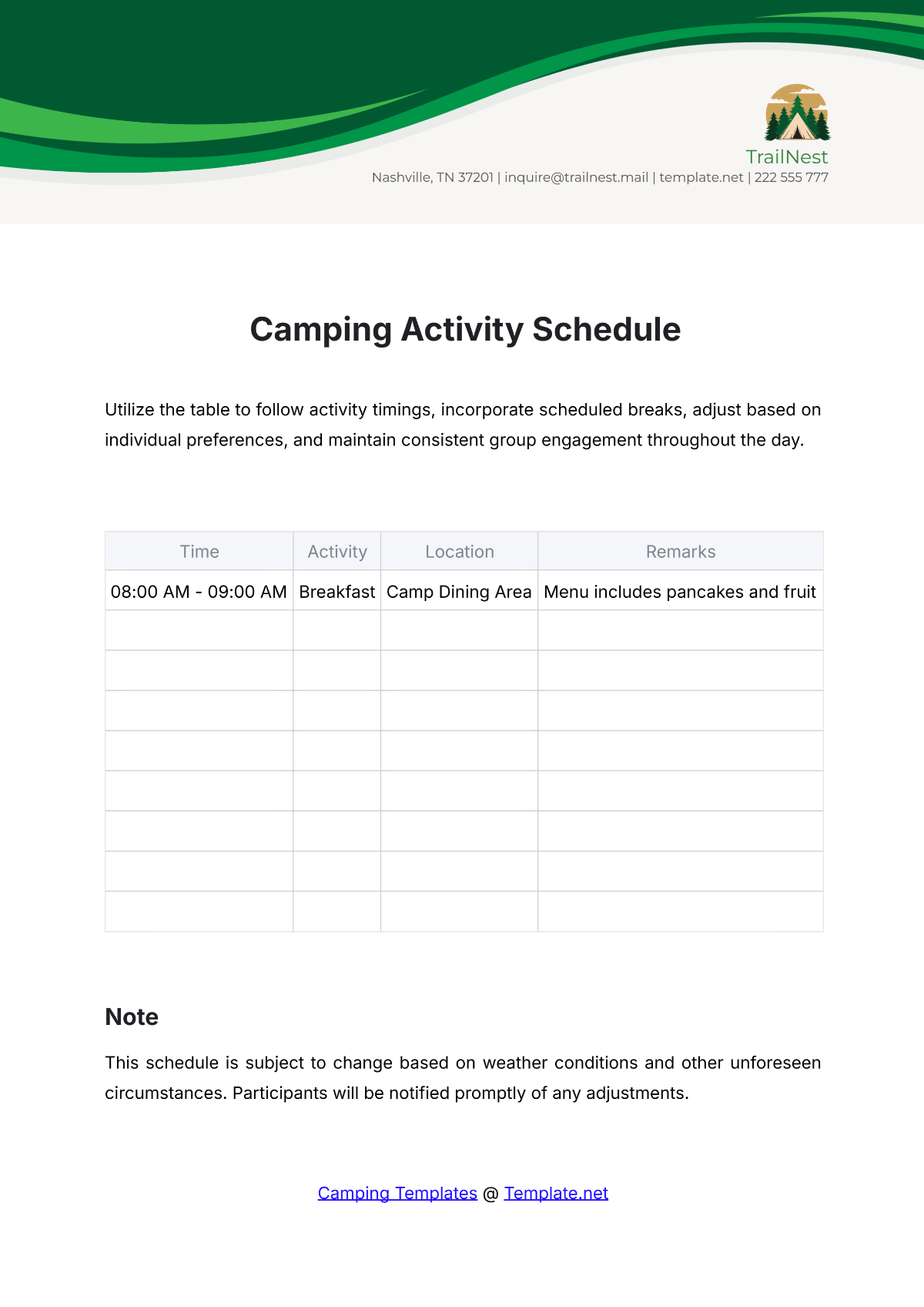 Camping Activity Schedule Template - Edit Online & Download