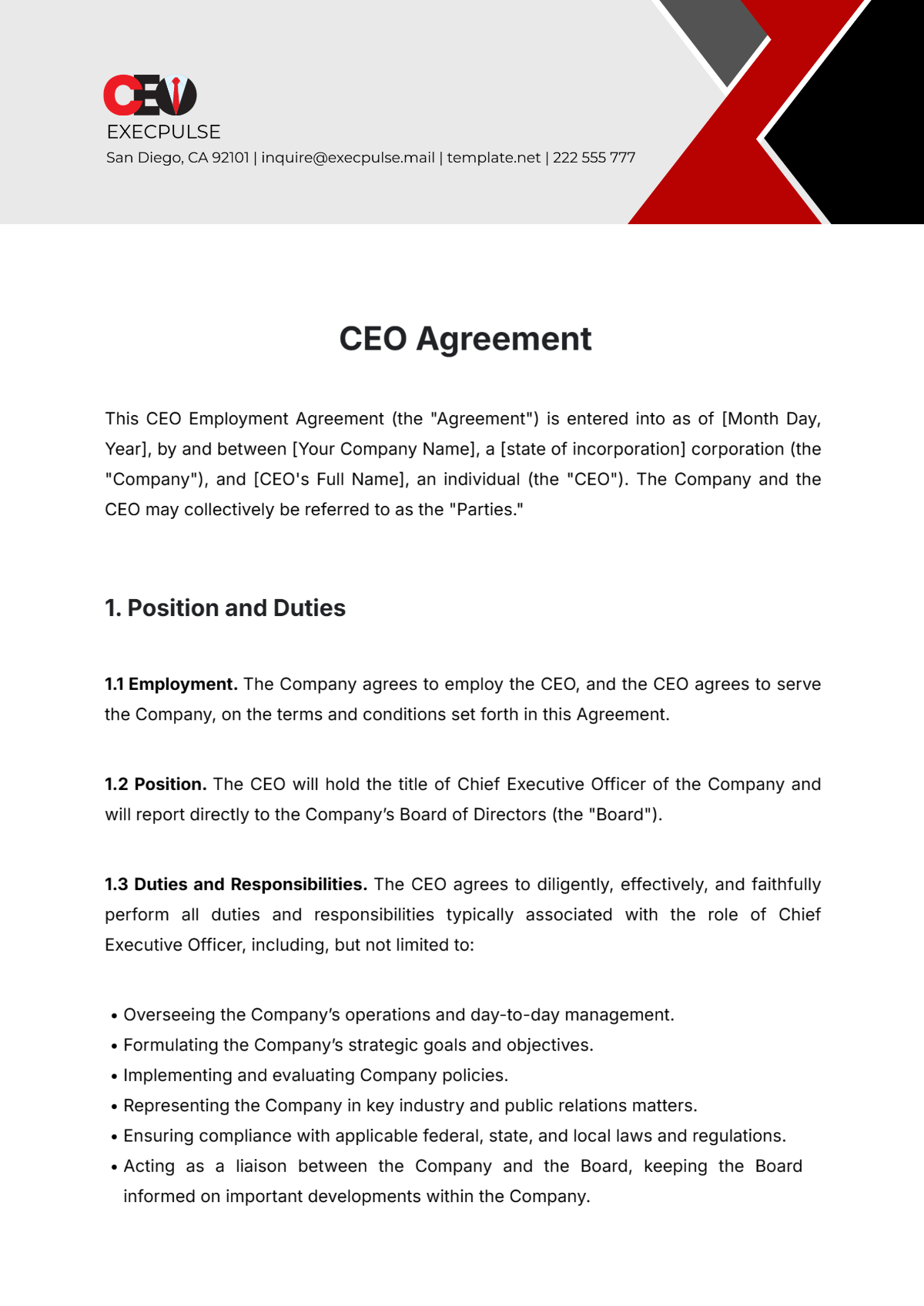 CEO Agreement Template - Edit Online & Download