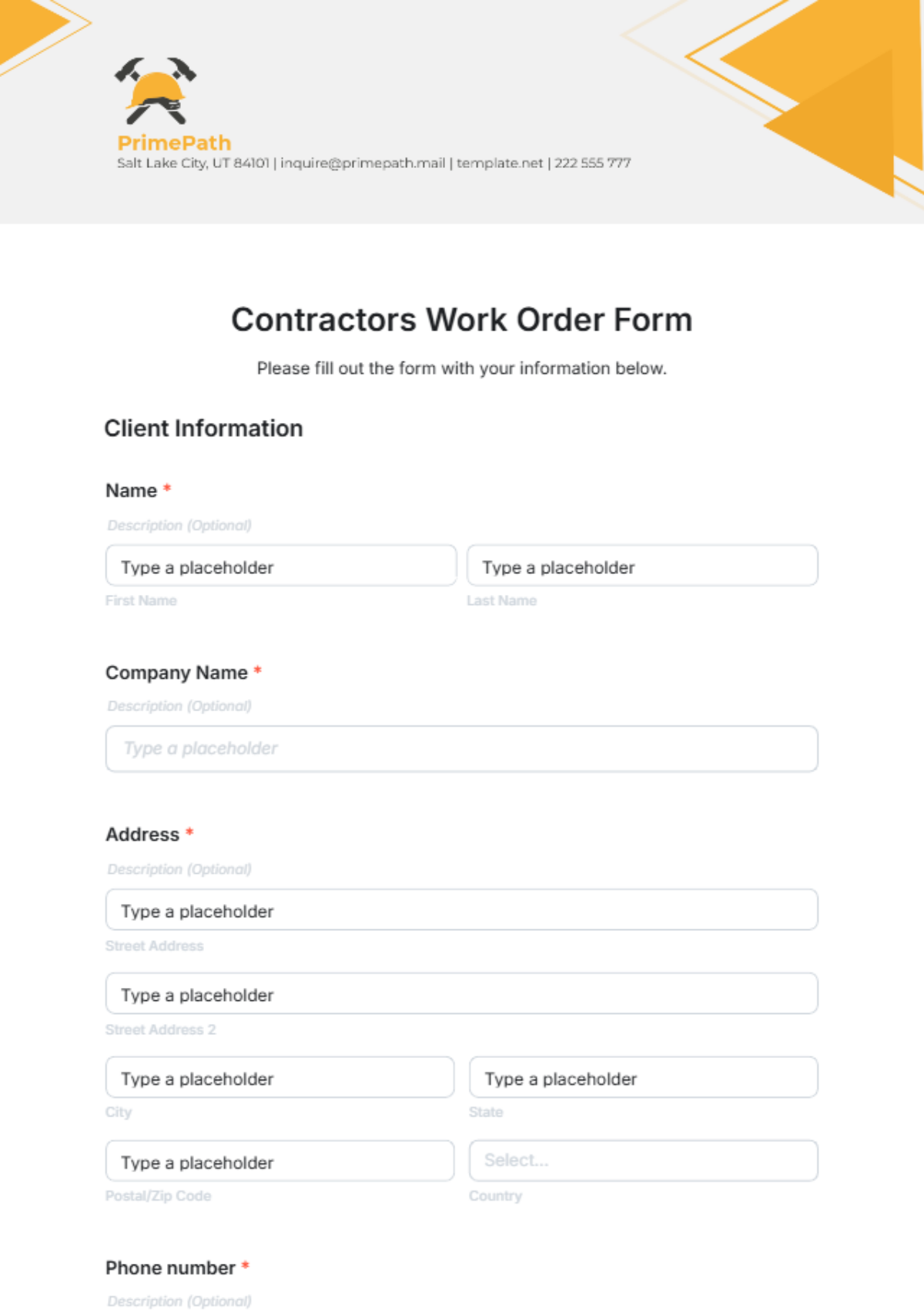 Free Contractors Work Order Form Template