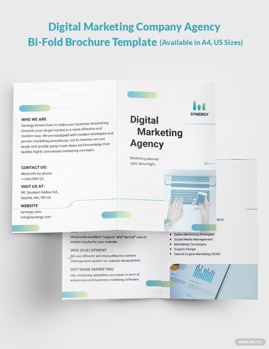 Digital Marketing Company Agency Bi-Fold Brochure Template in Word, Google Docs, Illustrator, PSD, Apple Pages, Publisher, InDesign