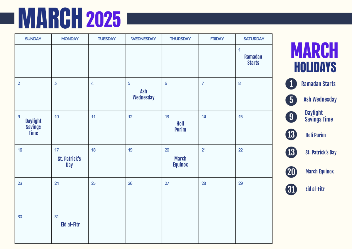 Free Printable March 2025 Calendar with Holidays Template - Edit Online & Download