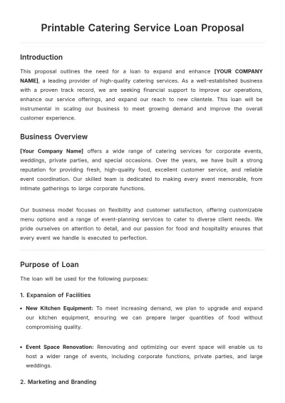 Free Printable Catering Service Loan Proposal Template to Edit Online