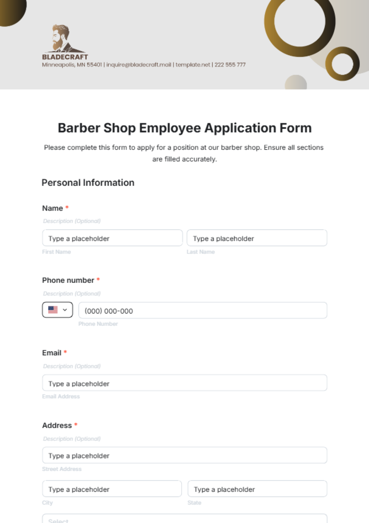 Barber Shop Employee Application Form Template - Edit Online & Download