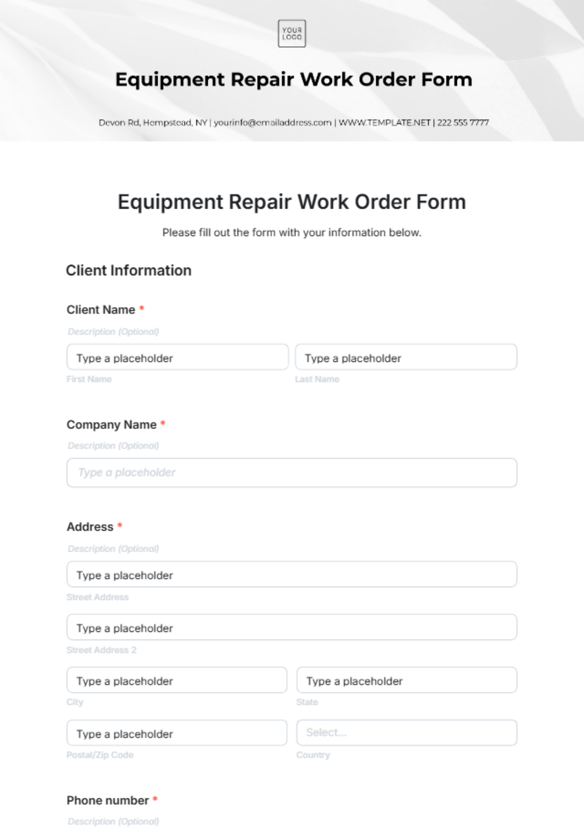 Free Equipment Repair Work Order Form Template