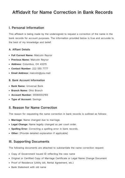 Free Affidavit for Name Correction in Bank Records Template to Edit Online