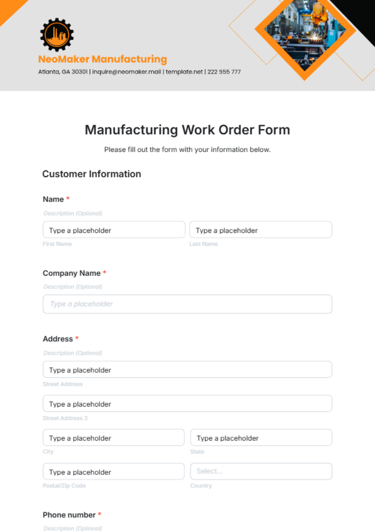 Free Manufacturing Work Order Form Template