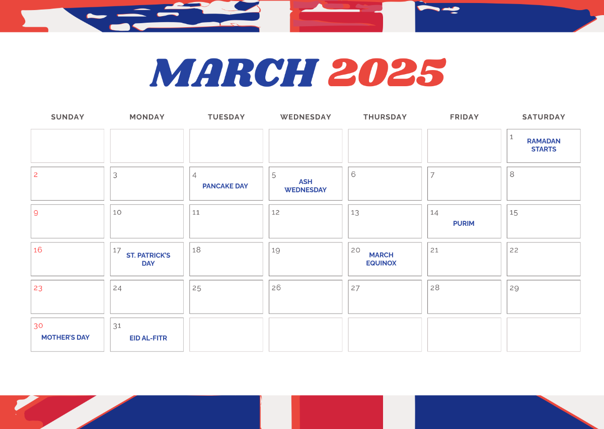 Free March 2025 Calendar with UK Holidays Template - Edit Online & Download