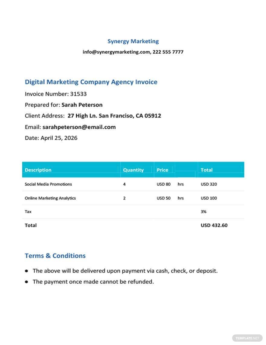 Digital Marketing Company Agency Invoice Template in Google Docs, Google Sheets, Illustrator, PSD, InDesign, Word, Pages - Download | Template.net