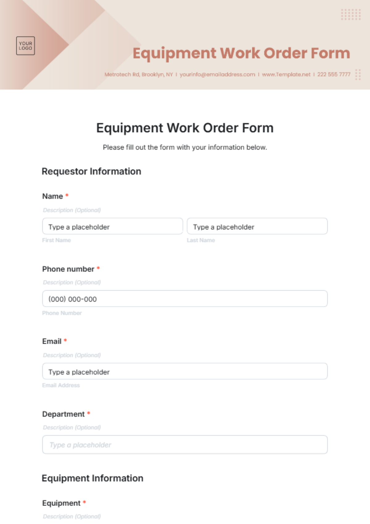 Free Equipment Work Order Form Template