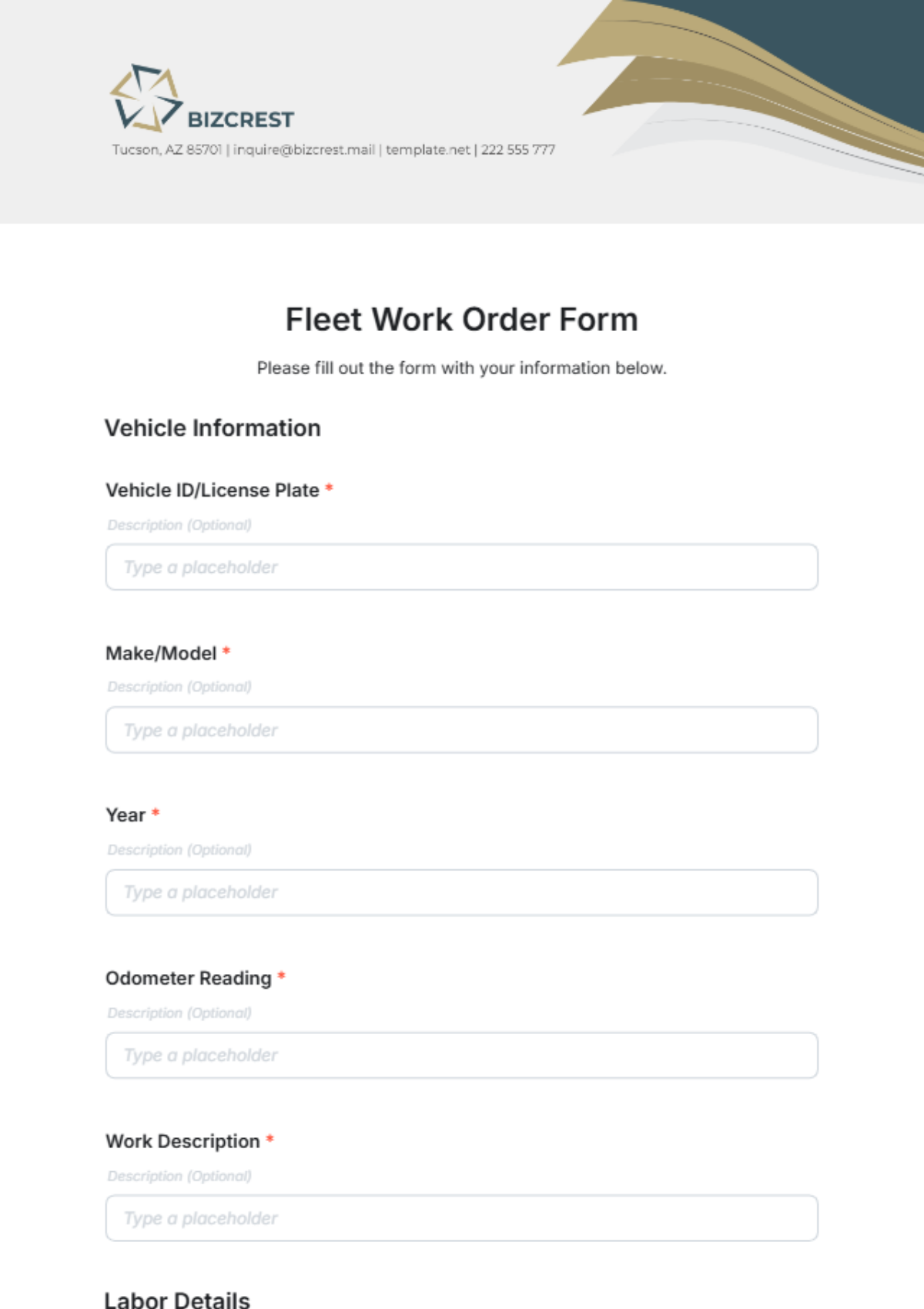 Free Fleet Work Order Form Template