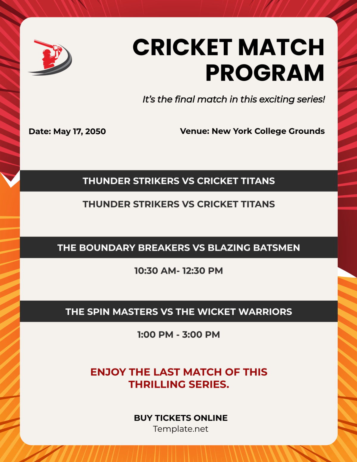 Free Cricket Match Program Template - Edit Online & Download