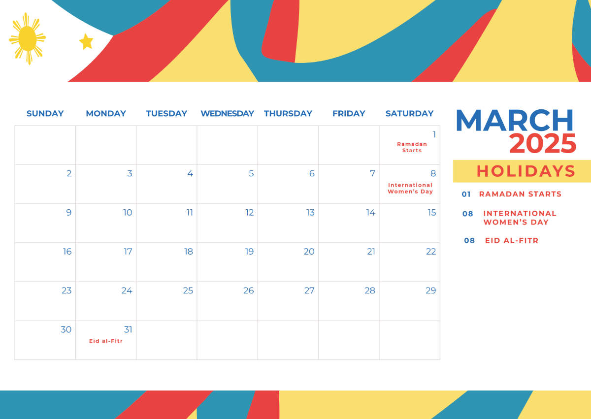 Free March 2025 Calendar with Philippine Holidays Template - Edit Online & Download