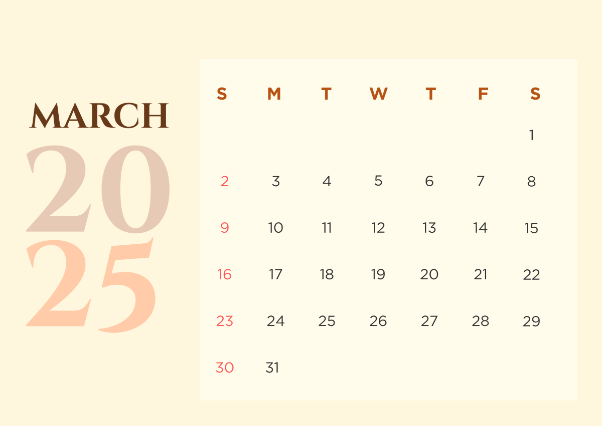 Free Minimalist March 2025 Calendar Template - Edit Online & Download