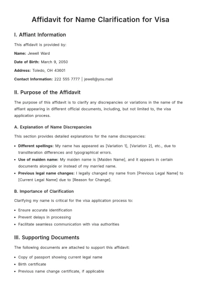 Free Affidavit for Name Clarification for Visa Template to Edit Online