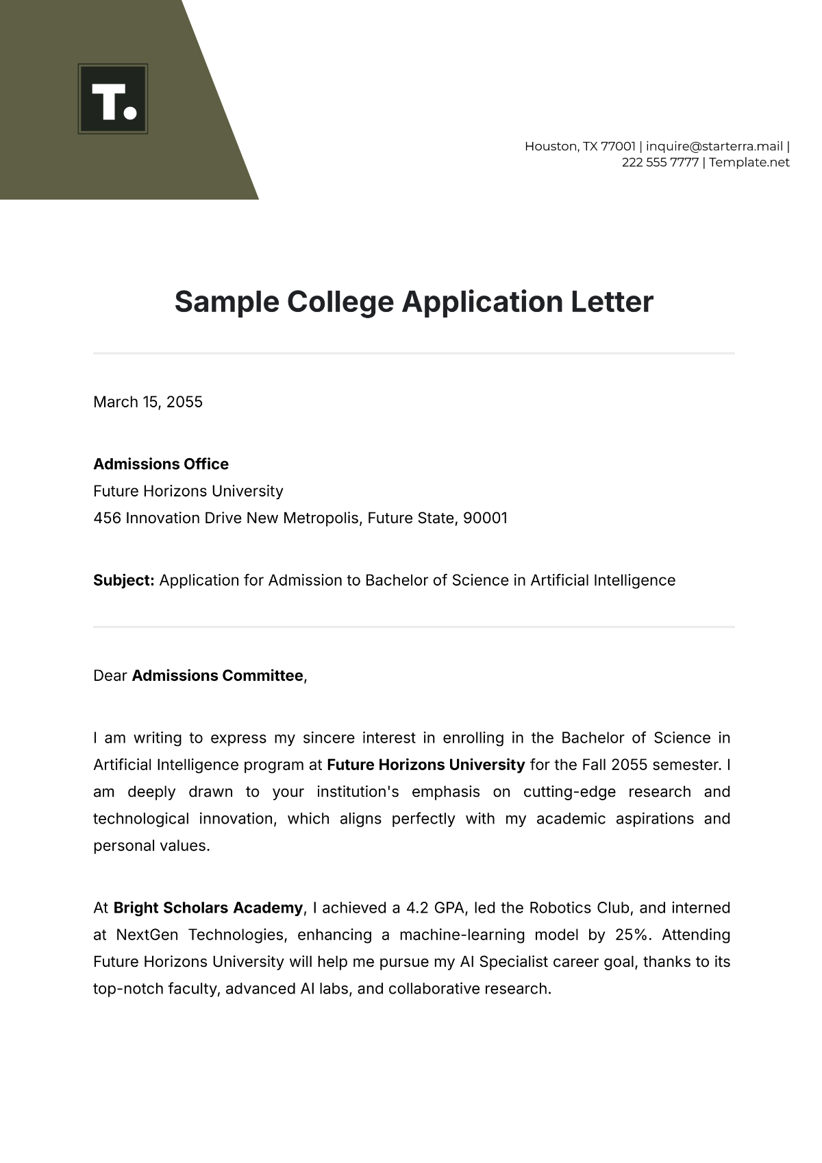 Sample College Application Letter Template - Edit Online & Download