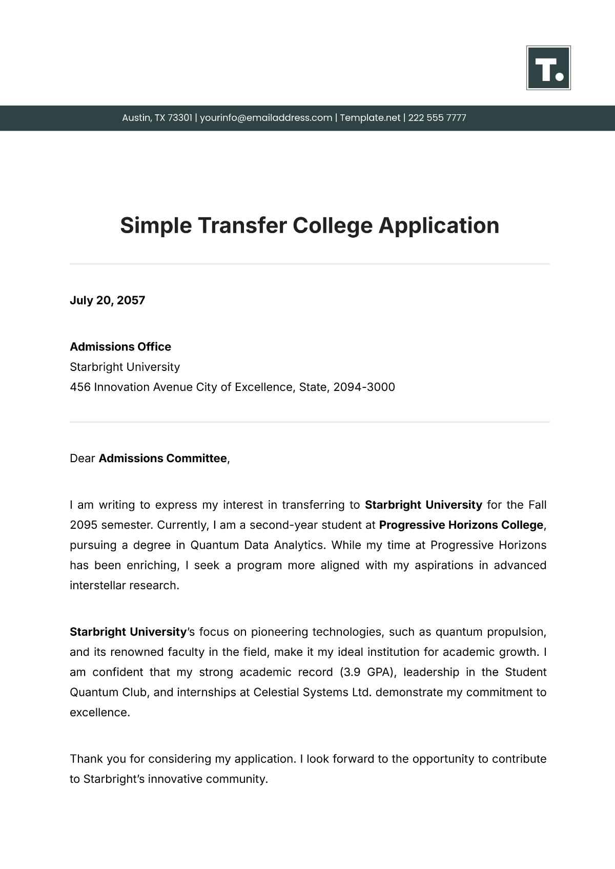 Simple Transfer College Application Template - Edit Online & Download