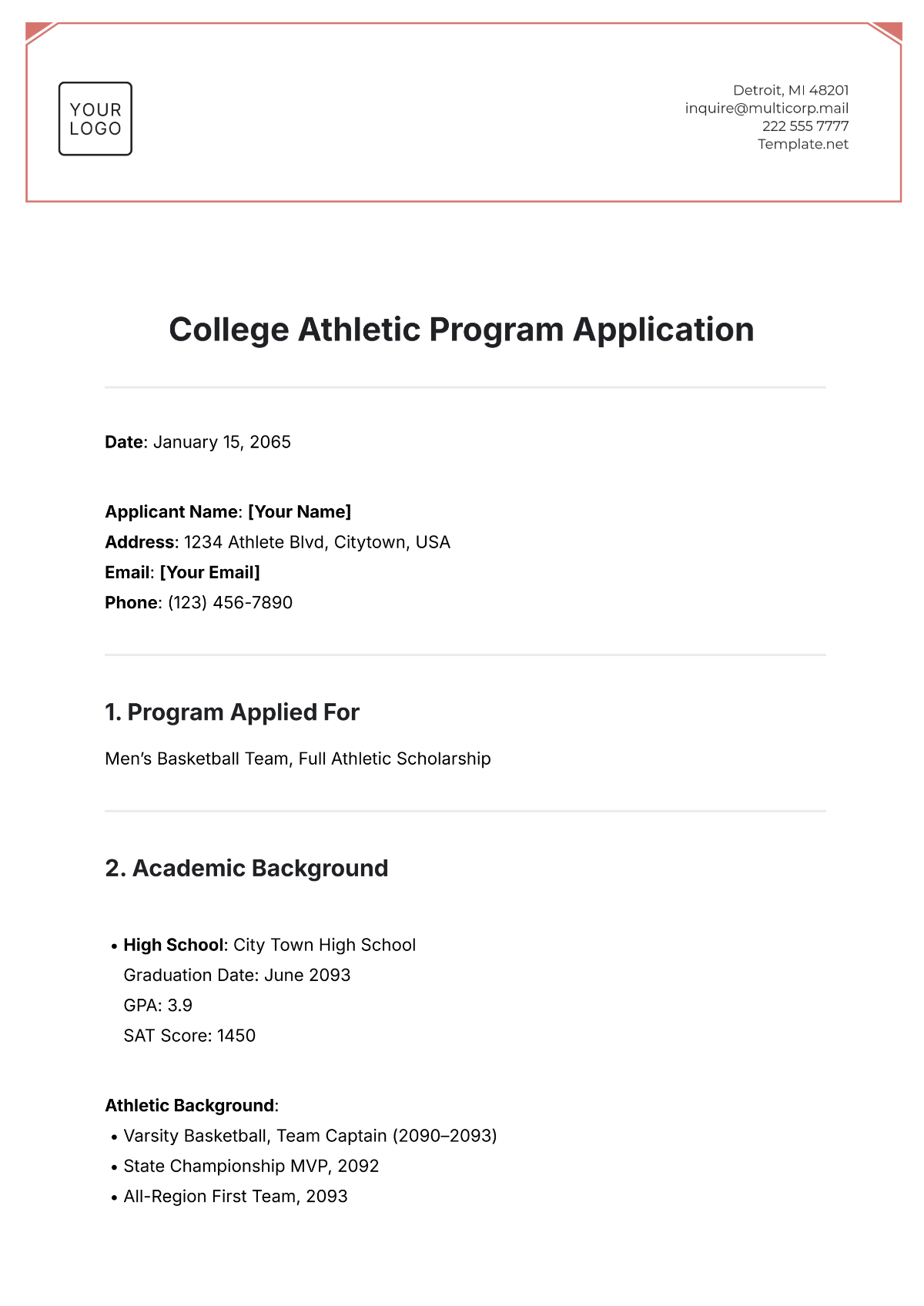 College Athletic Program Application Template - Edit Online & Download