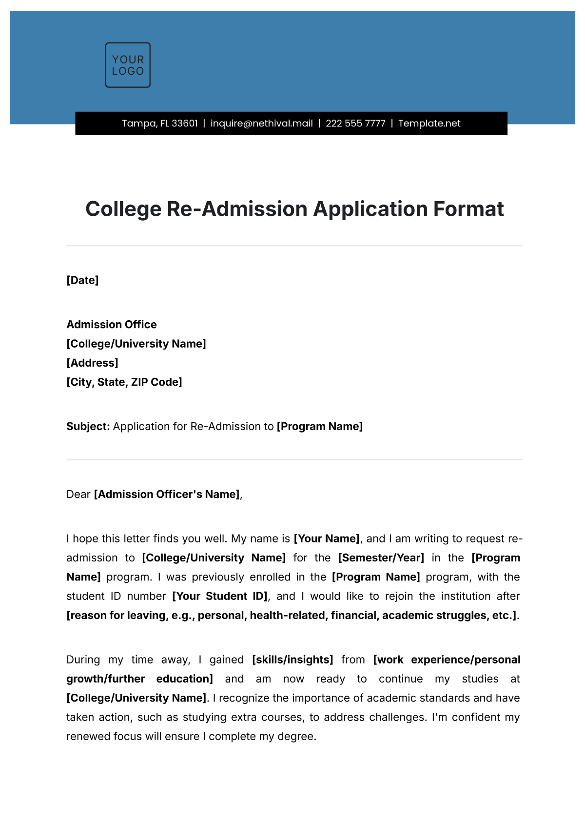 College Re-Admission Application Format Template - Edit Online & Download