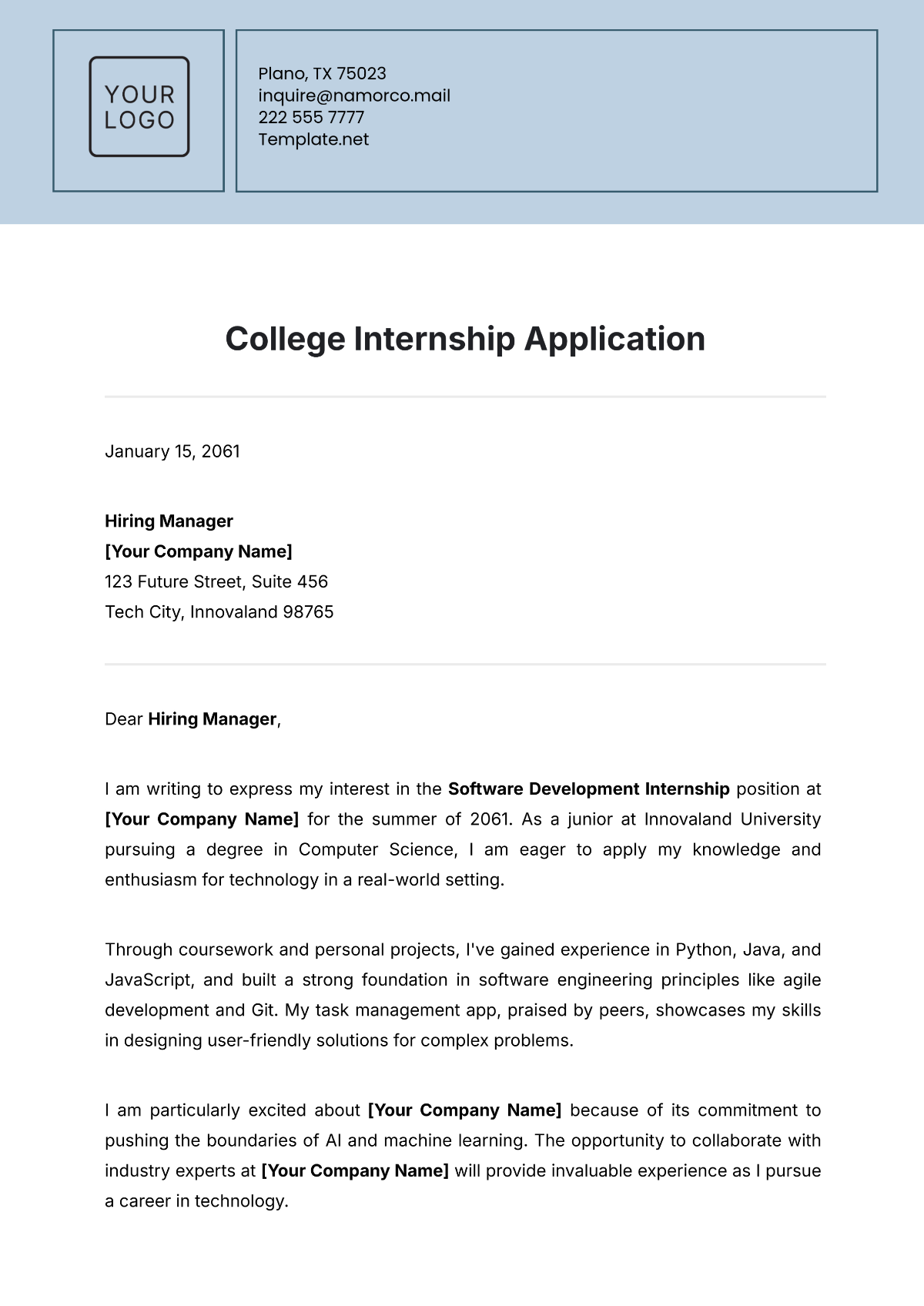 College Internship Application Template - Edit Online & Download