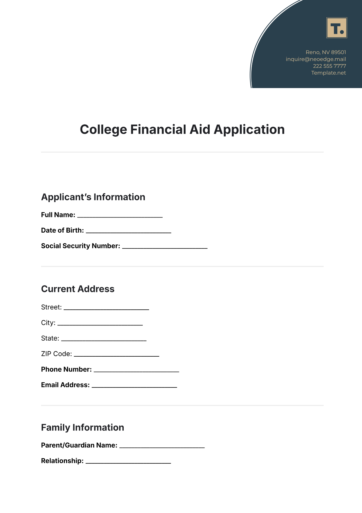 College Financial Aid Application Template - Edit Online & Download