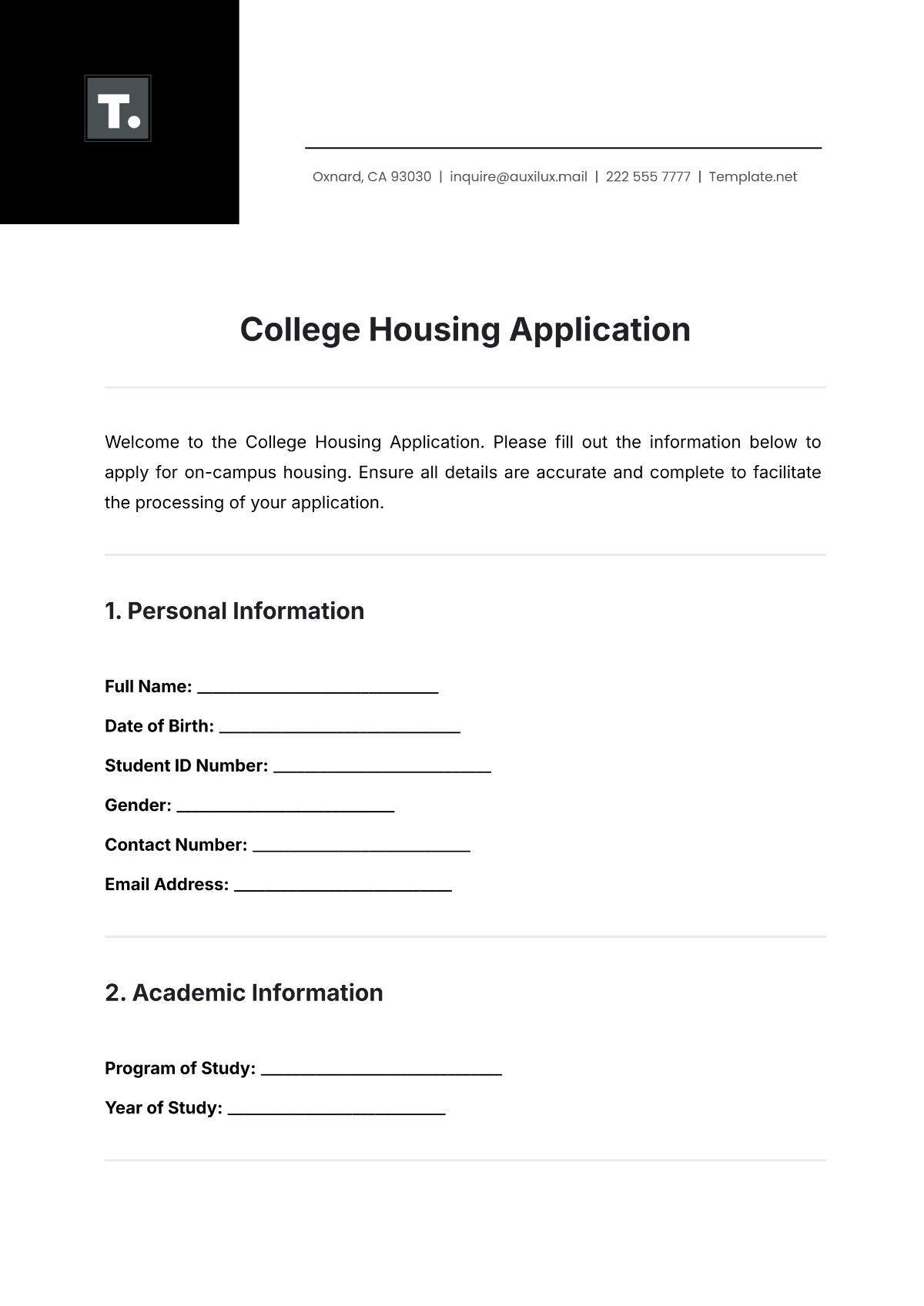 College Housing Application Template - Edit Online & Download