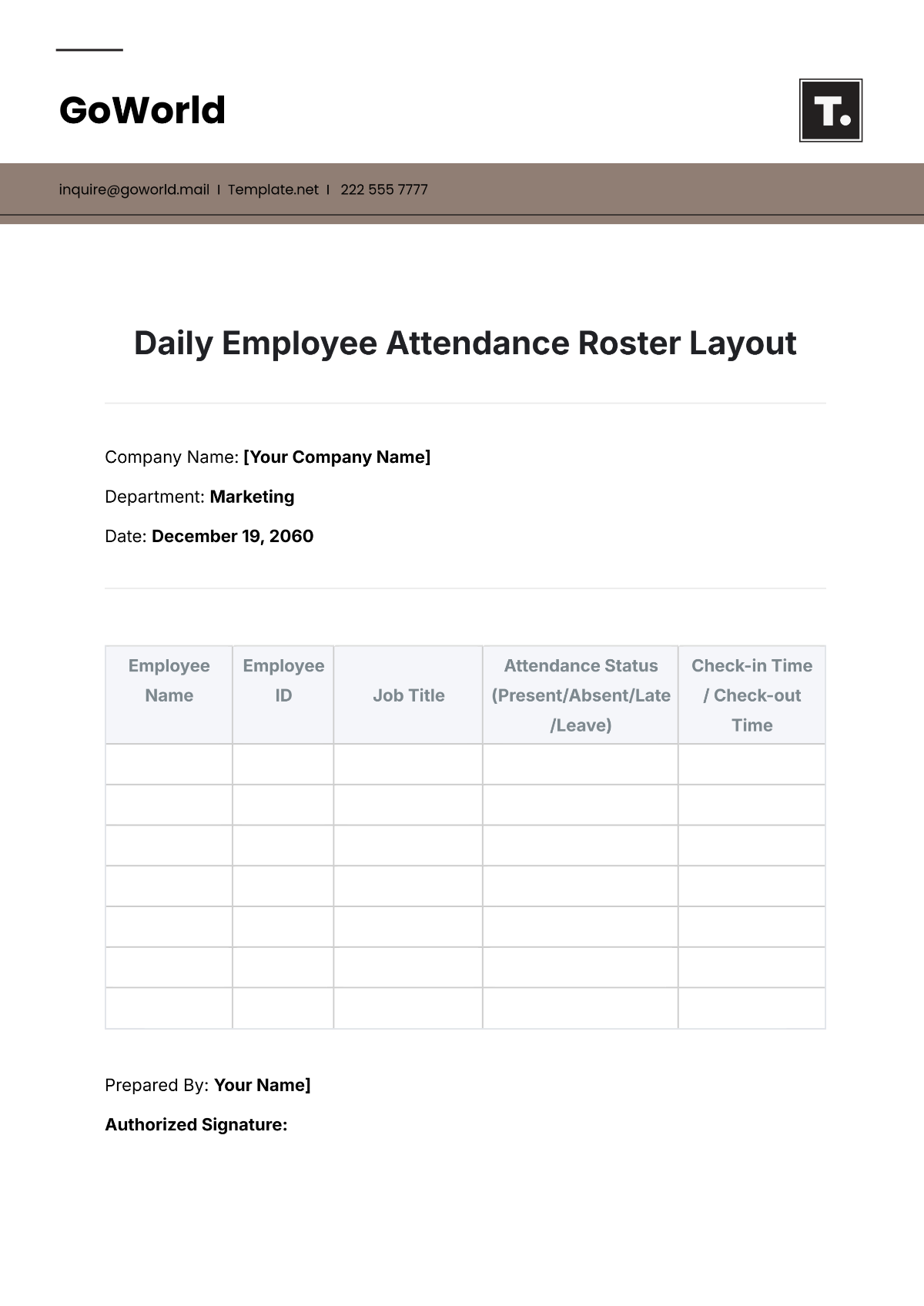 Daily Employee Attendance Roster Layout Template